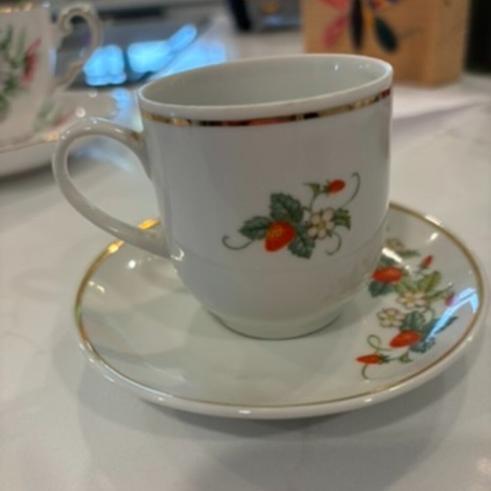 Vintage Avon Strawberry Teacup & Saucer, 22K gold